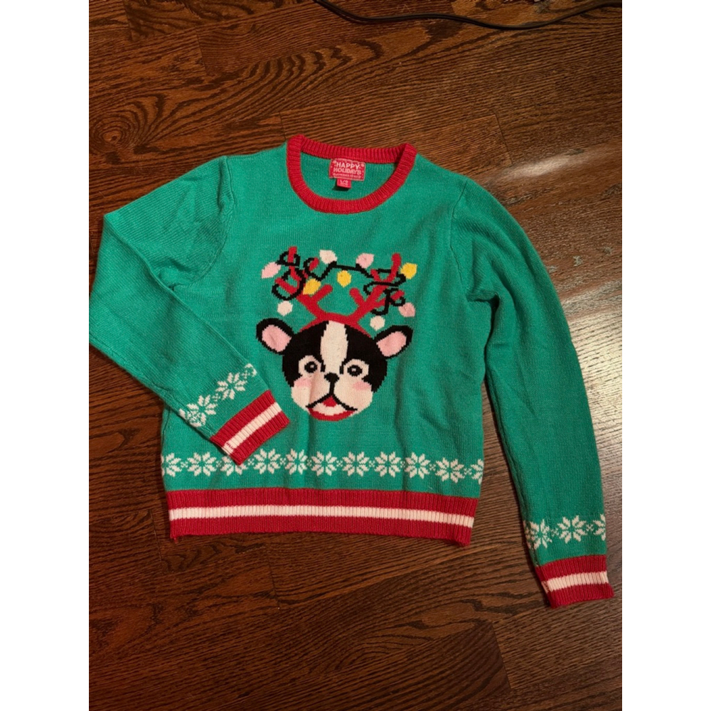 Girls Happy Holidays Christmas Dog Sweater L (14/16) Green Red